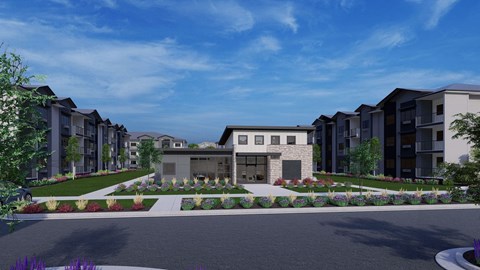 A modern residential area with a central building and surrounding houses.