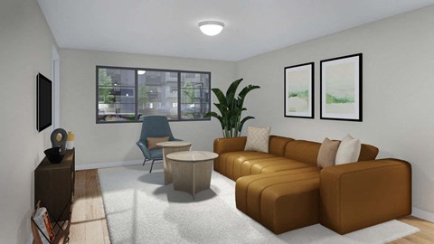 A living room with a brown couch, a blue chair, a white rug, and two framed pictures on the wall.