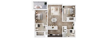 A top-down view of a well-organized apartment with a kitchen, living room, and bathroom.