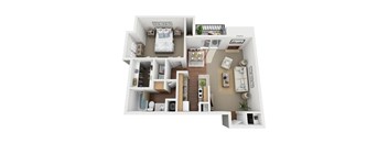 A top-down view of a small apartment with a bedroom, living room, and kitchen.