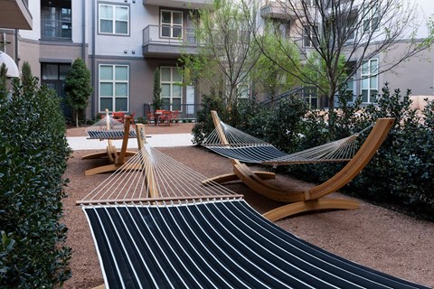 Courtyard with hammock in backyard at Civic at Frisco Square Apartments, Frisco, 75034