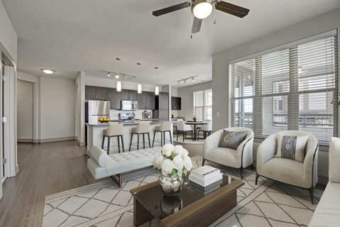 Modern Living Room with a kitchen at Civic at Frisco Square Apartments, Frisco, TX, Texas, 75034