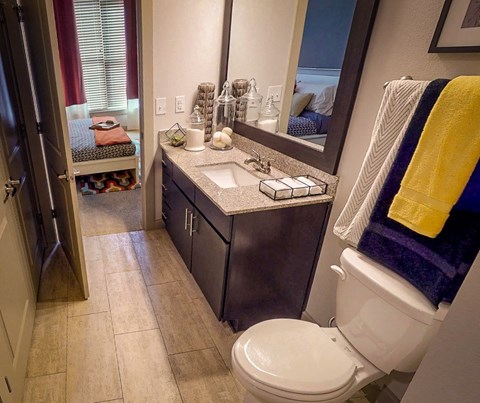 Bathroom With Adequate Storage at Civic at Frisco Square Apartments, Frisco, Texas