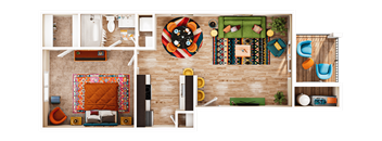 2D overhead floorplan with modern furniture layout at Village Green Apartments, San Marcos, TX 78666