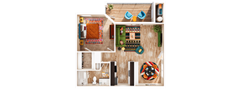 3D aerial view of one bedroom apartment layout at Village Green Apartments, San Marcos, TX