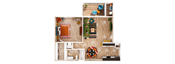 Aerial view of furnished apartment floor plan at Village Green Apartments, San Marcos, 78666