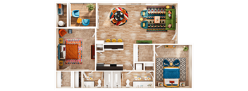 3D overhead view of two bedroom apartment layout at Village Green Apartments, San Marcos, Texas