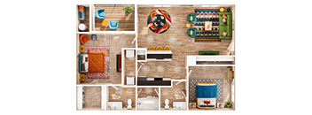 Top down view of furnished two bedroom layout at Village Green Apartments, San Marcos