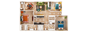 Overhead view of two bedroom apartment with colorful accents at Village Green Apartments, Texas, 78666