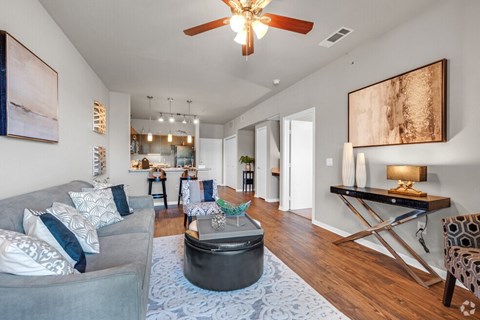 A living room with a grey couch and a blue rug.