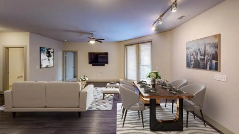 Spacious Living Room With Plank Flooring at Civic at Frisco Square Apartments, Frisco, TX, Texas