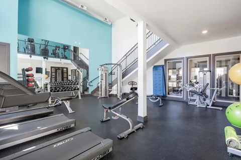 A gym with treadmills, weights, and exercise equipment.