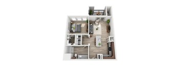 A top-down view of a small apartment with a kitchen, living room, and bedroom.