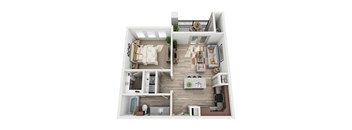 A top-down view of a small apartment with a bedroom and living room.