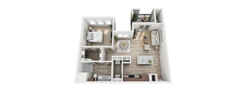 A 3D floor plan of a house with a kitchen, living room, and bedrooms.