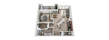 A top-down view of a small apartment with a kitchen, living room, and bedroom.