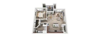 A top-down view of a small apartment with a kitchen, living room, and bedroom.
