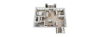 A 3D floor plan of a house with a living room, kitchen, dining room, and bedrooms.
