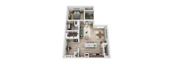 A top-down view of a two-story apartment with a living room, kitchen, and bedrooms.