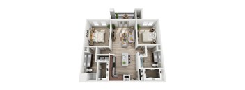 A 3D floor plan of a house with a living room, kitchen, dining room, and two bedrooms.
