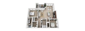 A 3D floor plan of a house with multiple rooms and furniture.