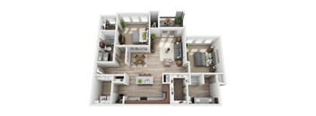A top-down view of a modern apartment layout with a central open space.