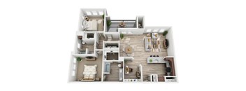 A top-down view of a house layout with multiple rooms and furniture.