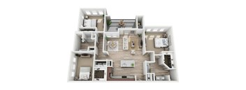 A 3D floor plan of a house with multiple rooms and furniture.