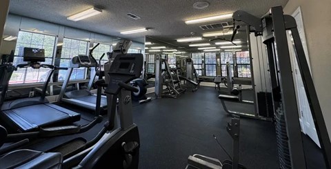 A gym with treadmills, elliptical machines, and other exercise equipment.