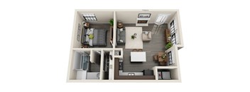A 3D rendered image of a small apartment layout.