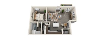 A 3D floor plan of a small apartment with a kitchen, living room, and bedroom.