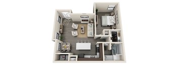 A 3D floor plan of a house showing a living room, dining room, kitchen, and bedrooms.