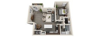 A 3D floor plan of a small apartment with a kitchen, living room, and bedroom.
