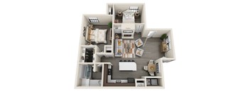 A top-down view of a small apartment layout with a kitchen, living room, and bedroom.