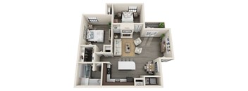 A 3D floor plan of a small apartment with a kitchen, living room, and two bedrooms.