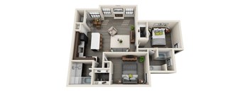 A 3D floor plan of a house with a living room, kitchen, and bedrooms.