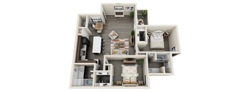 A 3D floor plan of a small apartment with a kitchen, living room, and bedroom.