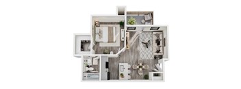 A white and wood floor plan of a house with a kitchen, living room, dining room, and bedrooms.