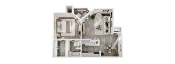 A top-down view of a modern house interior with a kitchen, living room, and bathroom.