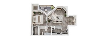 A top-down view of a house layout with a living room, kitchen, and bathroom.
