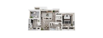 A floor plan of a modern apartment with a kitchen, living room, and bedrooms.