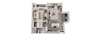 A floor plan of a small apartment with a kitchen, living room, and bathroom.