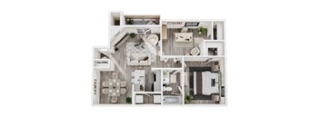 A top-down view of a modern apartment layout with a kitchen, living room, dining area, and bathroom.
