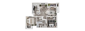 A top-down view of a small apartment with a kitchen, living room, and bathroom.