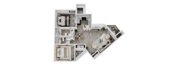 A 3D floor plan of a house with a kitchen, living room, and two bedrooms.