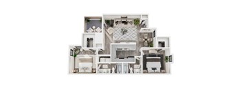 A white and wood themed floor plan of a house with a kitchen, living room, and bathroom.
