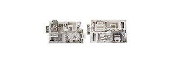 Two images of a house layout with a kitchen, living room, and bathroom.