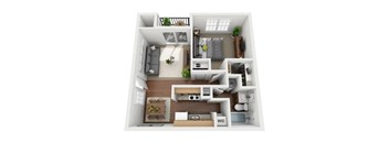 A 3D floor plan of a small apartment with a kitchen, living room, and bathroom.