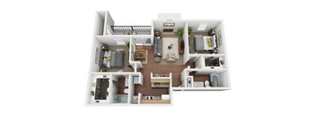 A 3D floor plan of a house layout.