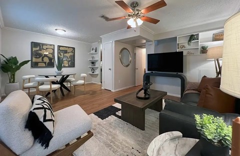 A living room with a white couch and a black and white striped pillow.
